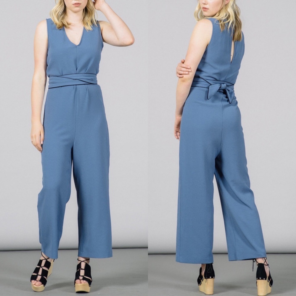Ganni Clark v-neck wide leg crop jumpsuit blue size XS